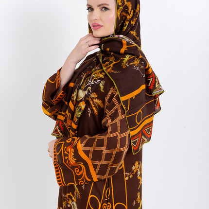 Aurelia Mocha Brown Cupro Satin Kaftan Set with Matching Scarf