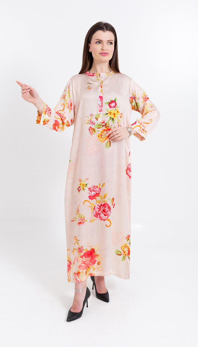 Aaliya Blush Rose Cupro Satin Kaftan Set with Matching Scarf