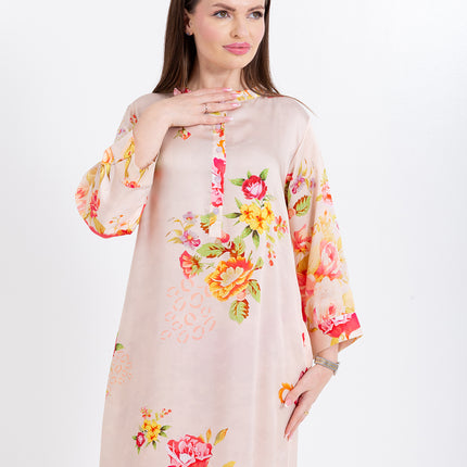 Aaliya Blush Rose Cupro Satin Kaftan Set with Matching Scarf