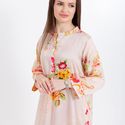 Aaliya Blush Rose Cupro Satin Kaftan Set with Matching Scarf