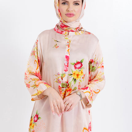 Aaliya Blush Rose Cupro Satin Kaftan Set with Matching Scarf