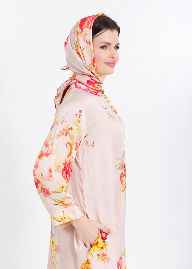Aaliya Blush Rose Cupro Satin Kaftan Set with Matching Scarf