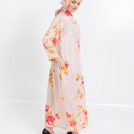 Aaliya Blush Rose Cupro Satin Kaftan Set with Matching Scarf