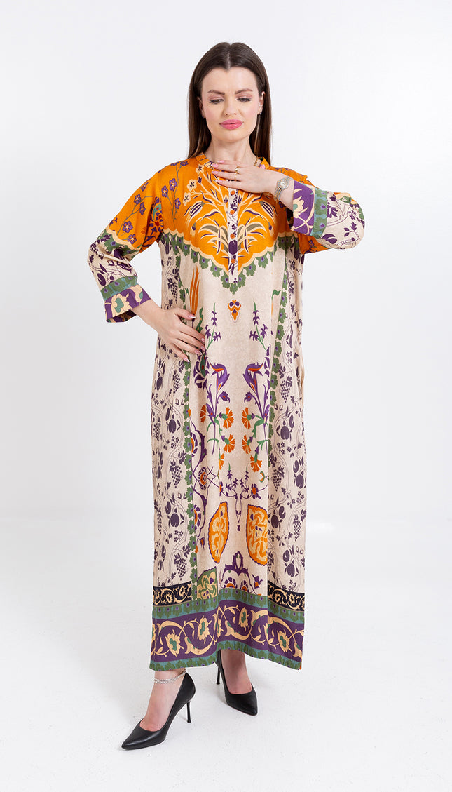 Zoya Ivory Amber Cupro Satin Kaftan Set with Matching Scarf