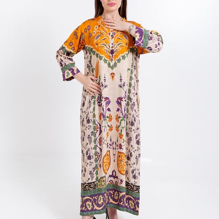 Zoya Ivory Amber Cupro Satin Kaftan Set with Matching Scarf