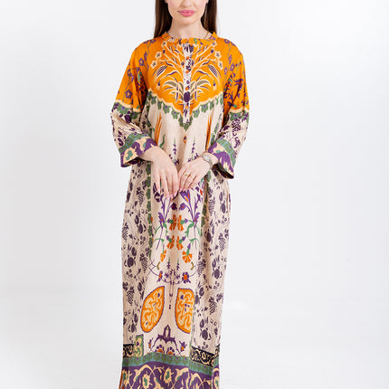 Zoya Ivory Amber Cupro Satin Kaftan Set with Matching Scarf