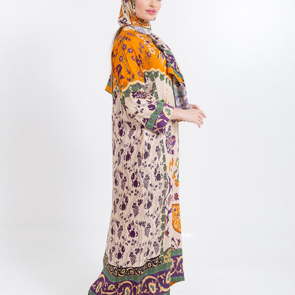 Zoya Ivory Amber Cupro Satin Kaftan Set with Matching Scarf