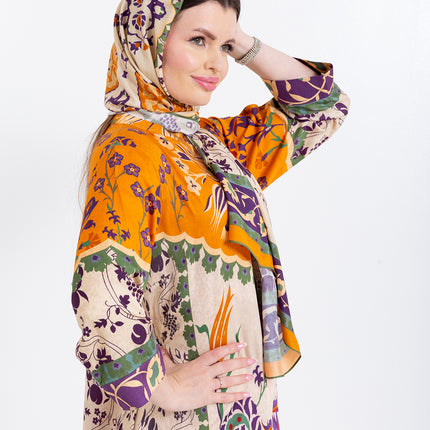 Zoya Ivory Amber Cupro Satin Kaftan Set with Matching Scarf