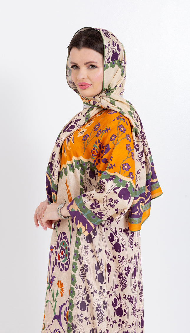 Zoya Ivory Amber Cupro Satin Kaftan Set with Matching Scarf