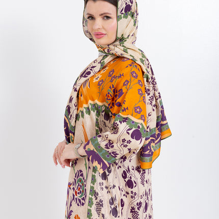 Zoya Ivory Amber Cupro Satin Kaftan Set with Matching Scarf