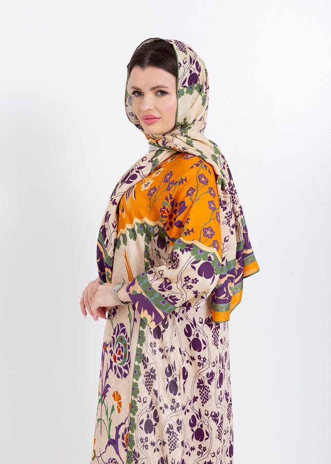 Zoya Ivory Amber Cupro Satin Kaftan Set with Matching Scarf