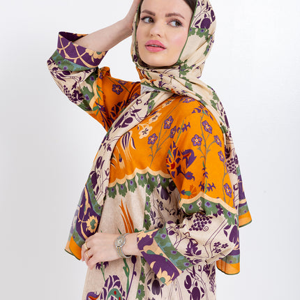 Zoya Ivory Amber Cupro Satin Kaftan Set with Matching Scarf