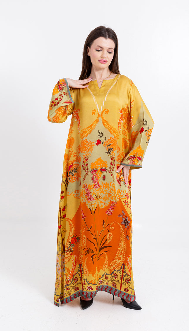 Zahra Mustard Yellow Cupro Satin Kaftan Set with Matching Scarf