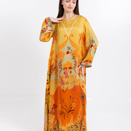 Zahra Mustard Yellow Cupro Satin Kaftan Set with Matching Scarf