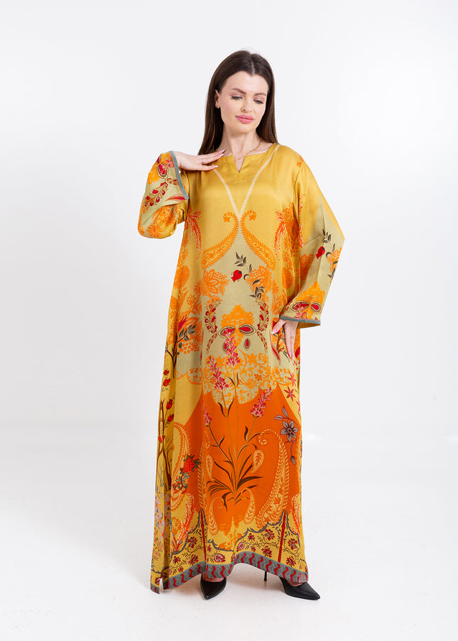 Zahra Mustard Yellow Cupro Satin Kaftan Set with Matching Scarf