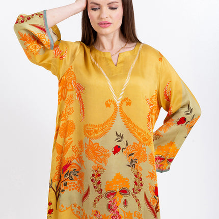 Zahra Mustard Yellow Cupro Satin Kaftan Set with Matching Scarf