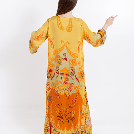 Zahra Mustard Yellow Cupro Satin Kaftan Set with Matching Scarf