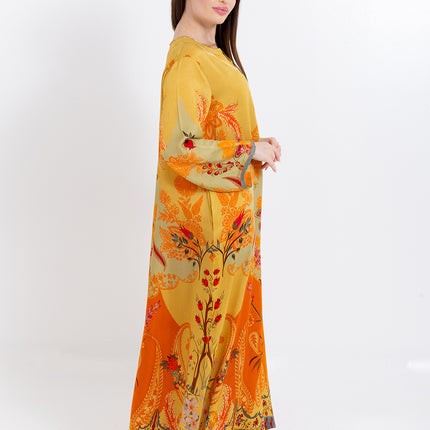 Zahra Mustard Yellow Cupro Satin Kaftan Set with Matching Scarf