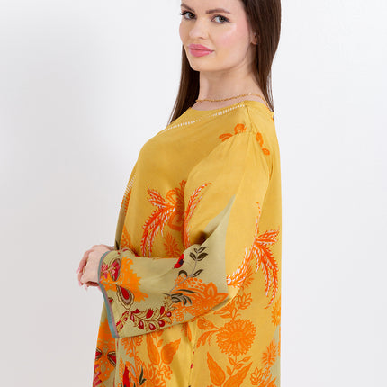 Zahra Mustard Yellow Cupro Satin Kaftan Set with Matching Scarf