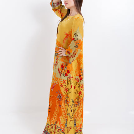 Zahra Mustard Yellow Cupro Satin Kaftan Set with Matching Scarf