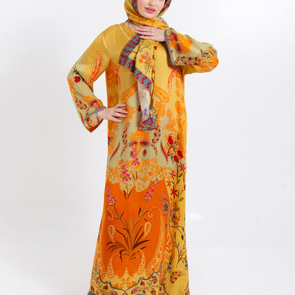 Zahra Mustard Yellow Cupro Satin Kaftan Set with Matching Scarf