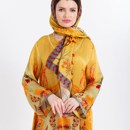 Zahra Mustard Yellow Cupro Satin Kaftan Set with Matching Scarf