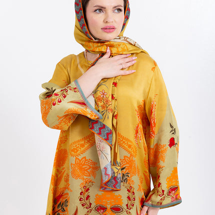 Zahra Mustard Yellow Cupro Satin Kaftan Set with Matching Scarf