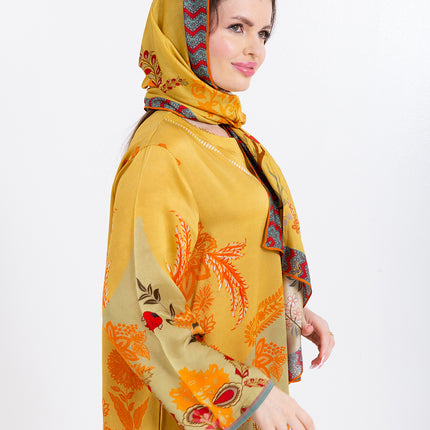 Zahra Mustard Yellow Cupro Satin Kaftan Set with Matching Scarf