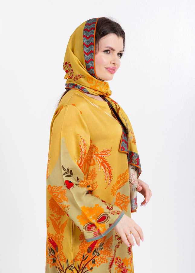Zahra Mustard Yellow Cupro Satin Kaftan Set with Matching Scarf