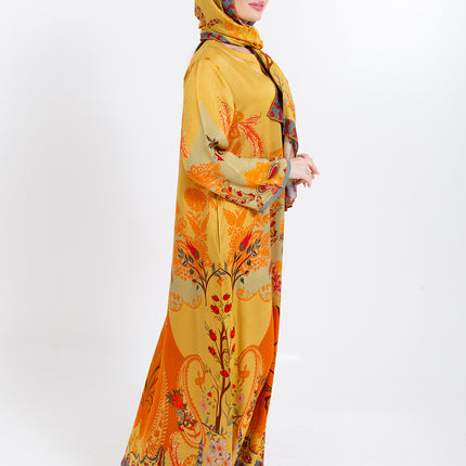 Zahra Mustard Yellow Cupro Satin Kaftan Set with Matching Scarf