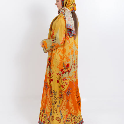 Zahra Mustard Yellow Cupro Satin Kaftan Set with Matching Scarf