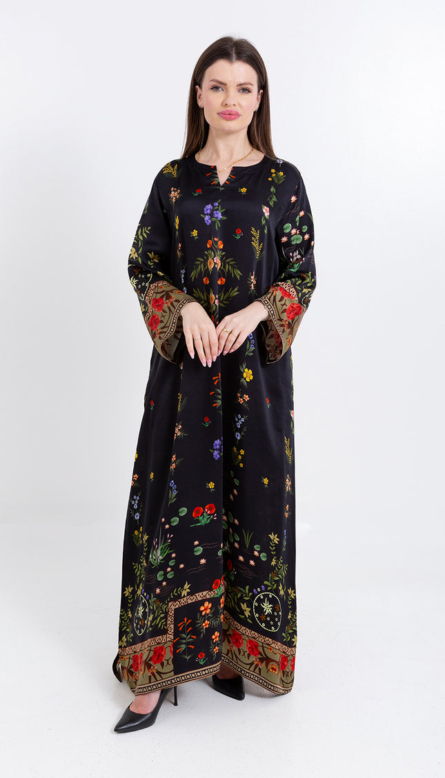 Meher Black Garden Cupro Satin Kaftan Set with Matching Scarf