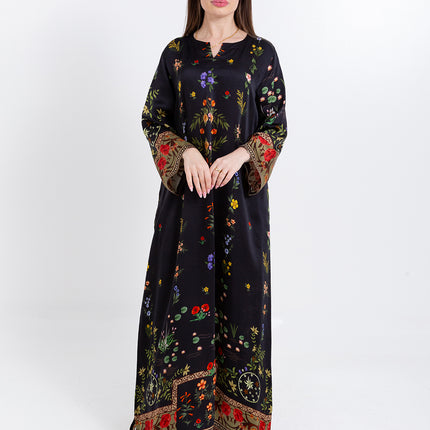 Meher Black Garden Cupro Satin Kaftan Set with Matching Scarf