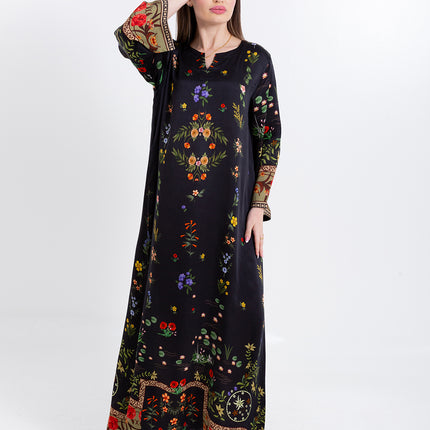 Meher Black Garden Cupro Satin Kaftan Set with Matching Scarf