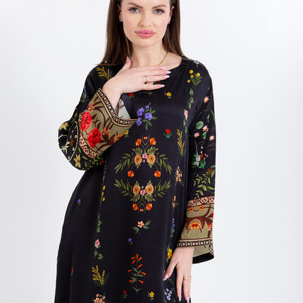 Meher Black Garden Cupro Satin Kaftan Set with Matching Scarf