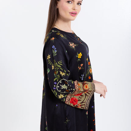 Meher Black Garden Cupro Satin Kaftan Set with Matching Scarf