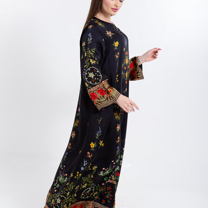 Meher Black Garden Cupro Satin Kaftan Set with Matching Scarf