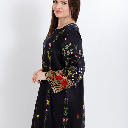 Meher Black Garden Cupro Satin Kaftan Set with Matching Scarf