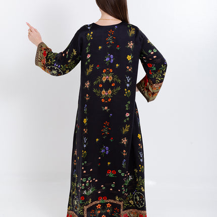 Meher Black Garden Cupro Satin Kaftan Set with Matching Scarf