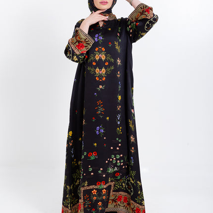 Meher Black Garden Cupro Satin Kaftan Set with Matching Scarf