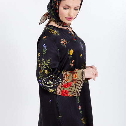 Meher Black Garden Cupro Satin Kaftan Set with Matching Scarf