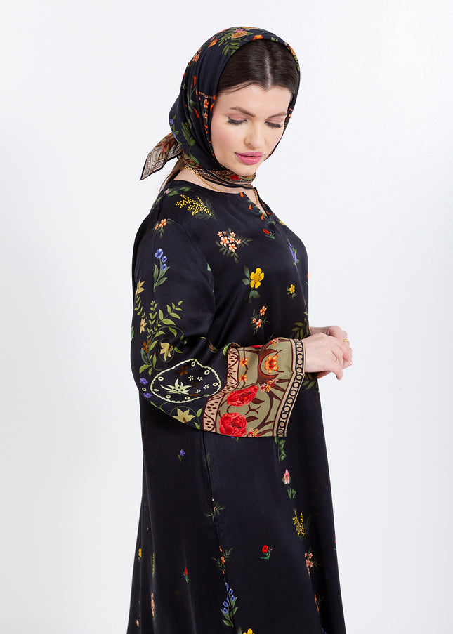 Meher Black Garden Cupro Satin Kaftan Set with Matching Scarf