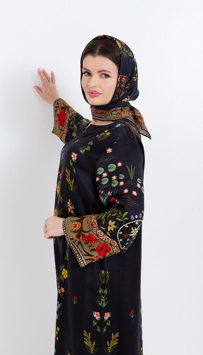 Meher Black Garden Cupro Satin Scarf