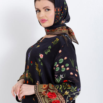 Meher Black Garden Cupro Satin Kaftan Set with Matching Scarf