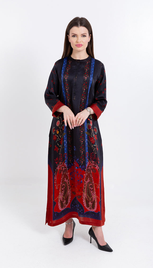 Riyana Midnight Black Cupro Satin Kaftan Set with Matching Scarf