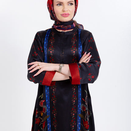 Riyana Midnight Black Cupro Satin Kaftan Set with Matching Scarf