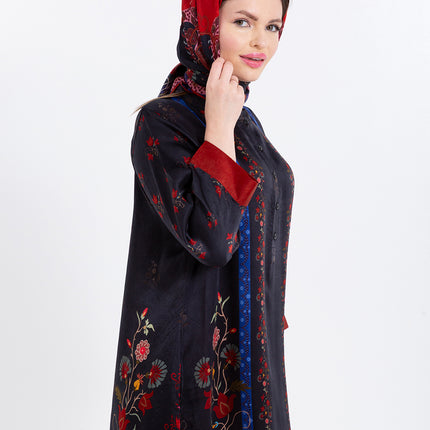 Riyana Midnight Black Cupro Satin Kaftan Set with Matching Scarf