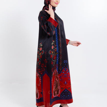 Riyana Midnight Black Cupro Satin Kaftan Set with Matching Scarf