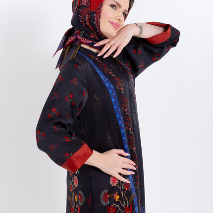 Riyana Midnight Black Cupro Satin Kaftan Set with Matching Scarf