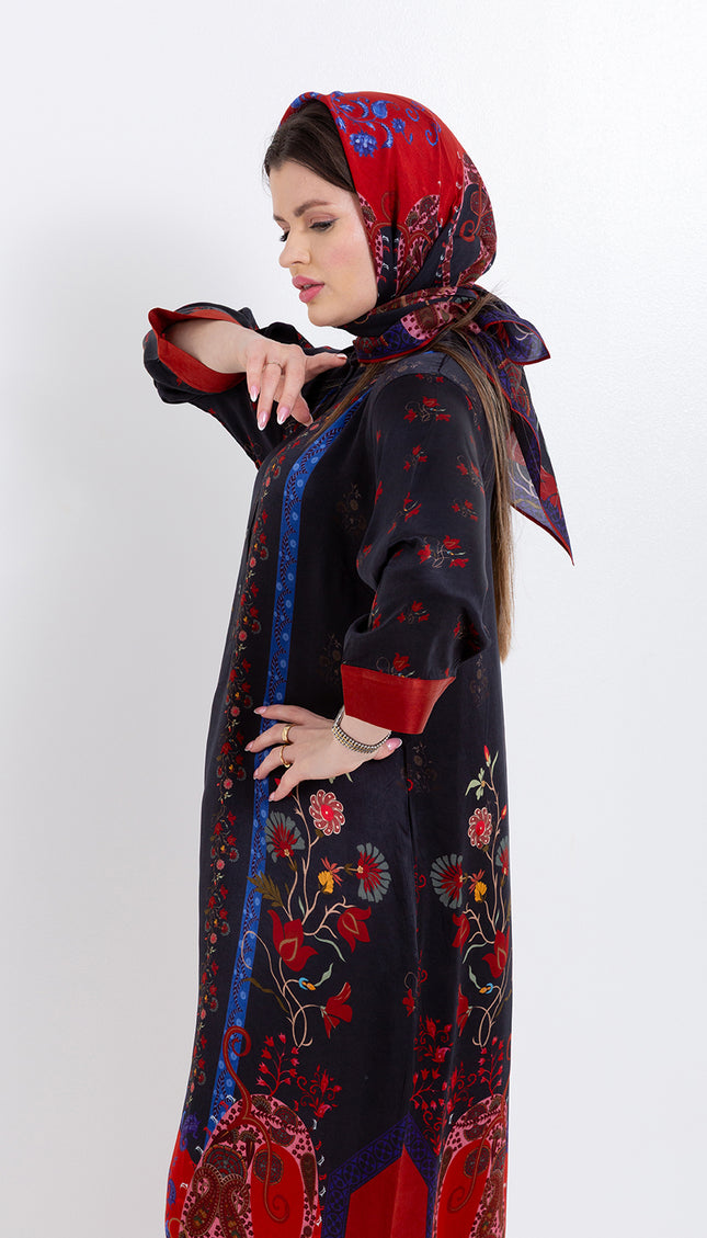 Riyana Midnight Black Cupro Satin Kaftan Set with Matching Scarf